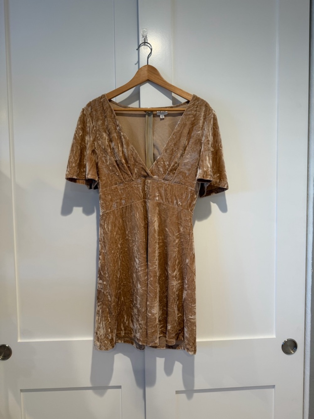 Le Lis Crushed Velvet V-Neck Mini Dress in Beige